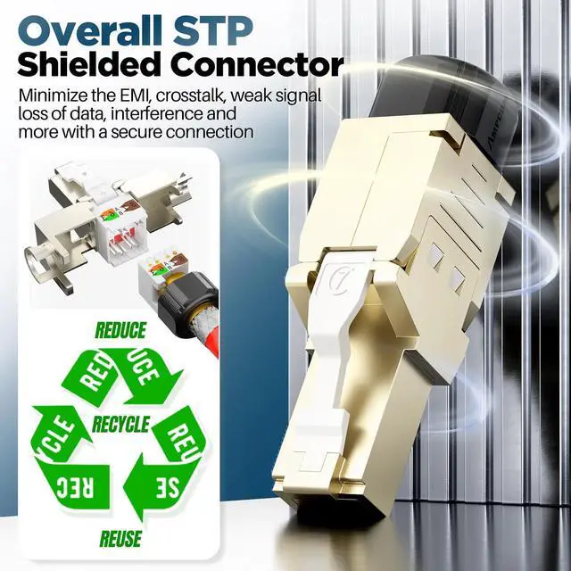 Alt view image 5 of 5 - AMPCOM STP CAT7 RJ45 Connector, Zinc Alloy, Tool-Free, 10Gbps, Enterprise, Industrial Grade RJ45 Connector 12-Pack