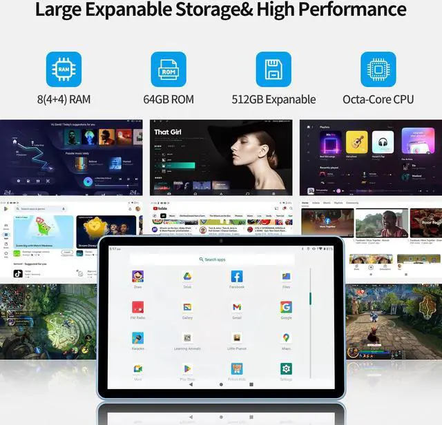 Alt view image 4 of 5 - 2024 10.1 inch Android 13 Tablets, Octa-Core Processor, 8GB RAM 64GB ROM 512GB Expanable , 6000mAh Battery, HD IPS Touch Screen, 5G/2.4G WiFi6, Bluetooth 5.0, Split Screen, Widget Support (Blue)