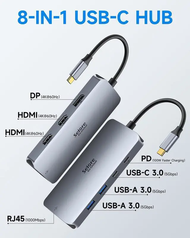 Alt view image 2 of 5 - USB C Docking Station Dual Monitor, Selore Docking Station 3 Monitors Triple 4K Display with 2 HDMI, DisplayPort, 1 Gbps Ethernet, 100W PD Charging, USB 3.0 Ports Adapter for Dell, HP, Lenovo,etc
