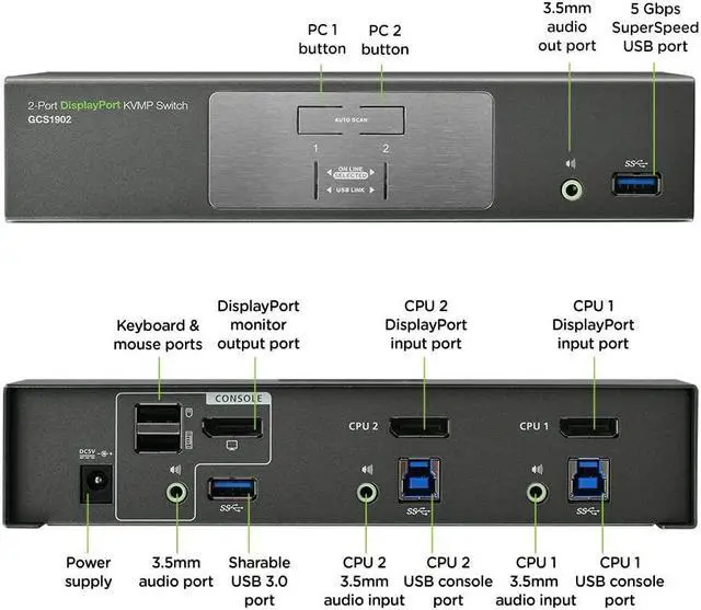 Alt view image 3 of 5 - IOGEAR 2-Port 4K UHD DisplayPort KVMP Switch with USB 3.0 Hub (TAA Compliant)