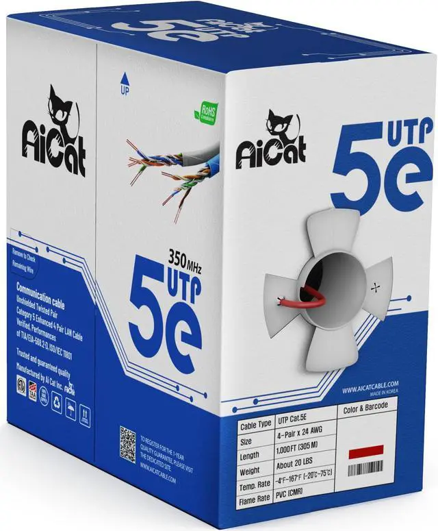 Main image of AiCat Cat 5e Ethernet Cable 1000ft Riser CMR - Insulated Solid Bare Copper Wire, PoE++(4PPoE) Cat5e Cable FastReel, 24 AWG, ETL & UL Listed - 350MHZ /Gigabit Speed, Unshielded UTP Network Cable (Red)