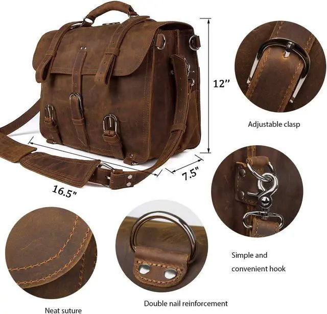 Alt view image 3 of 4 - Augus Leather Messenger Bag for Men Briefcase Travel Backpack Shoulder Bag Fit 17'' Laptop