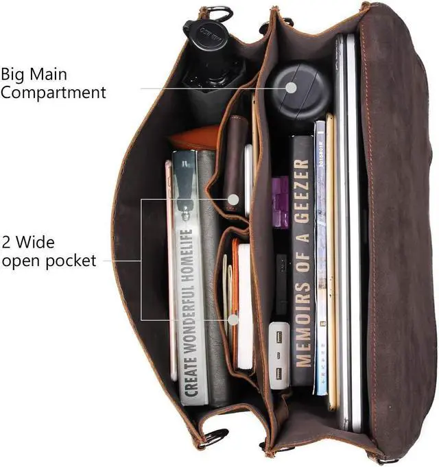 Alt view image 4 of 4 - Augus Leather Messenger Bag for Men Briefcase Travel Backpack Shoulder Bag Fit 17'' Laptop