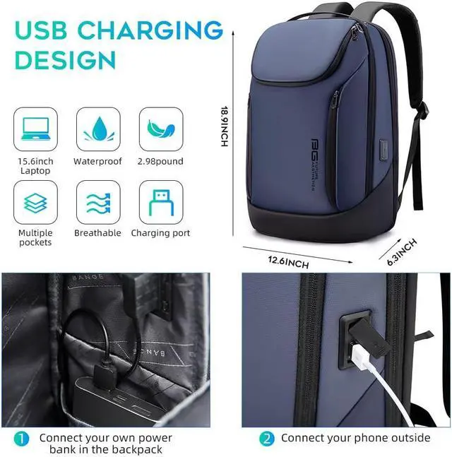 Alt view image 5 of 5 - BANGE Business Smart Backpack Waterproof fit 15.6 Inch Laptop Backpack with USB Charging Port,Travel Durable Backpack