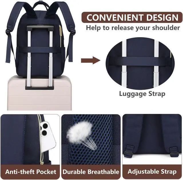Alt view image 5 of 5 - Laptop Backpack for Women, Fits 15.6 Inch Laptop Bag, Fashion Travel Work Backpack Anti-theft Bag with USB Charging, Business Computer Waterproof Backpack Purse, Beige Blue Brown