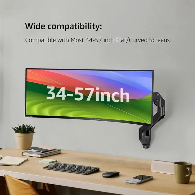 Alt view image 4 of 5 - BEWISER Heavy Duty Monitor Arm Wall Mount for 34-57 Ultrawide Monitor,Weight Capacity up to 44lbs,Ultrawide Monitor Arm Wall Mount,Black