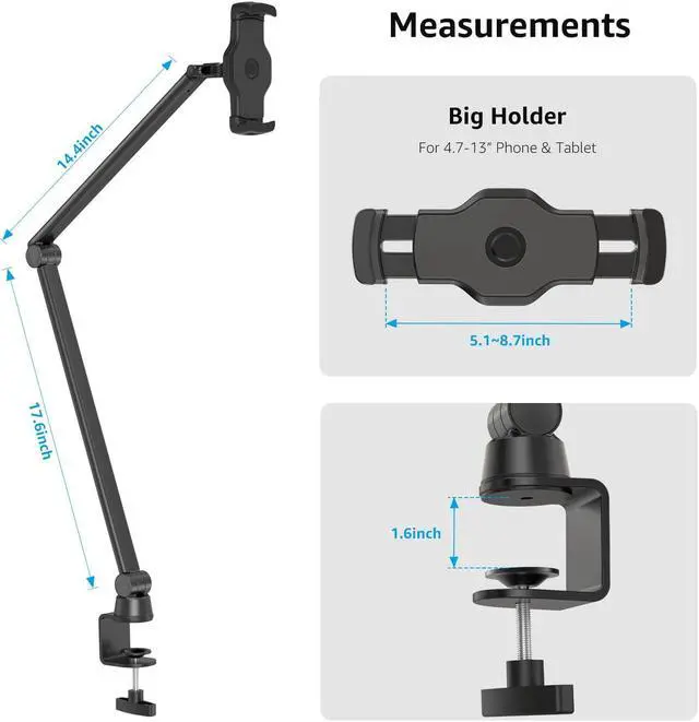 Alt view image 3 of 5 - BEWISER Tablet Stand Holder Desk Mount,360degRotating Flexibly, Angle Adjustable Long Arm, Folding Aluminium Alloy Compatible with4.7-13" Phone or Tablet in Kitchen/Office(Black)