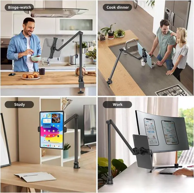 Alt view image 2 of 5 - BEWISER Tablet Stand Holder Desk Mount,360degRotating Flexibly, Angle Adjustable Long Arm, Folding Aluminium Alloy Compatible with4.7-13" Phone or Tablet in Kitchen/Office(Black)