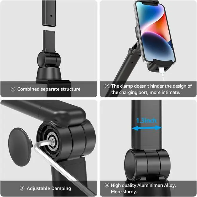 Alt view image 4 of 5 - BEWISER Tablet Stand Holder Desk Mount,360degRotating Flexibly, Angle Adjustable Long Arm, Folding Aluminium Alloy Compatible with4.7-13" Phone or Tablet in Kitchen/Office(Black)