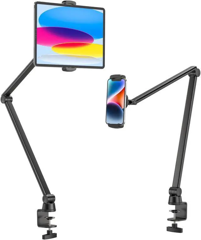 Main image of BEWISER Tablet Stand Holder Desk Mount,360degRotating Flexibly, Angle Adjustable Long Arm, Folding Aluminium Alloy Compatible with4.7-13" Phone or Tablet in Kitchen/Office(Black)
