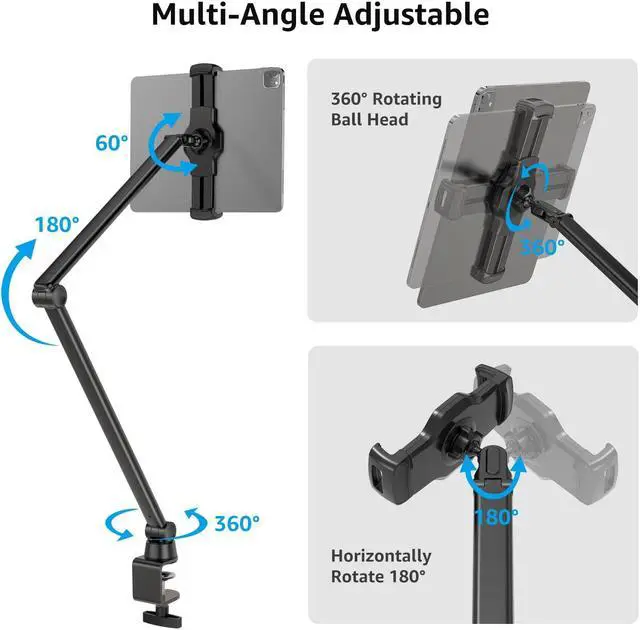 Alt view image 5 of 5 - BEWISER Tablet Stand Holder Desk Mount,360degRotating Flexibly, Angle Adjustable Long Arm, Folding Aluminium Alloy Compatible with4.7-13" Phone or Tablet in Kitchen/Office(Black)