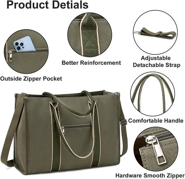 Alt view image 5 of 5 - Laptop Tote Bag for Women Work 15.6 inch Canvas Shoulder Bags Computer Messenger Purse Teacher Handbag Office Briefcase