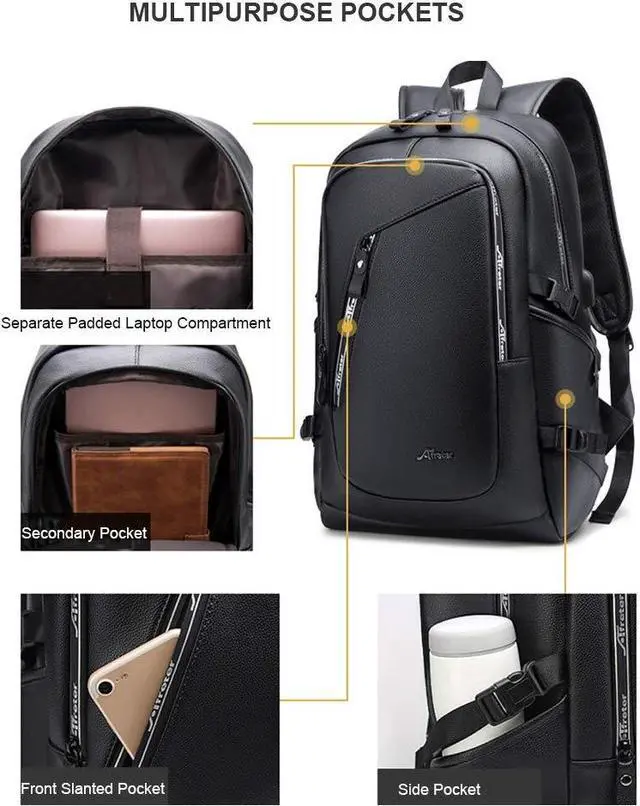 Alt view image 3 of 5 - DYJ Vegan Leather Laptop Backpack for Women&Men, Faux Leather Vintage Weekend Travel Daypack with USB Charging Port Fit 17 Inch Laptops