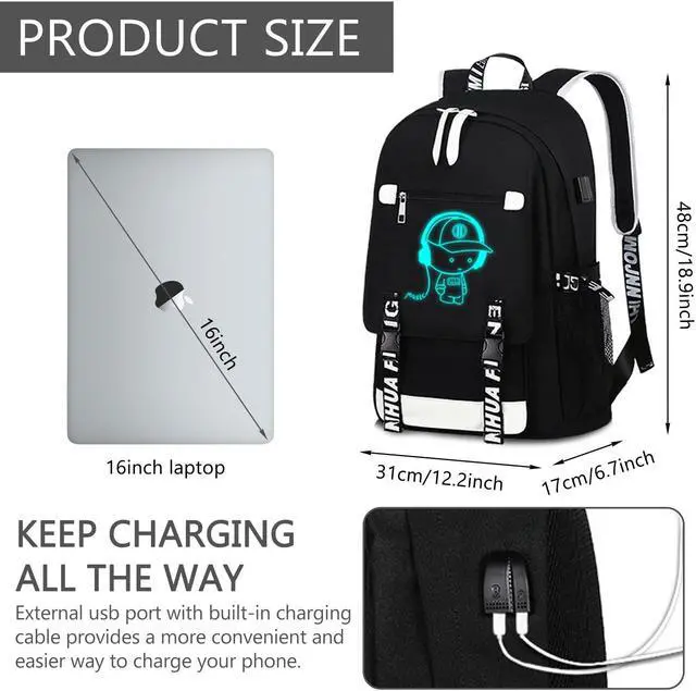 Alt view image 2 of 5 - boy girl backpack.Anime Luminous Backpack School Backpack with USB Charging Port for, Kids Backpack Boys Book Bag Teen Elementary.School.Student.Backpack.Travel.Backpack.Middle.School.Lapto.with.Set