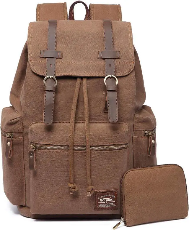 Main image of KAUKKO Vintage Casual Canvas and Leather Rucksack Backpack 19L,KHAKI
