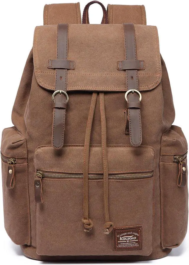 Alt view image 2 of 5 - KAUKKO Vintage Casual Canvas and Leather Rucksack Backpack 19L,KHAKI