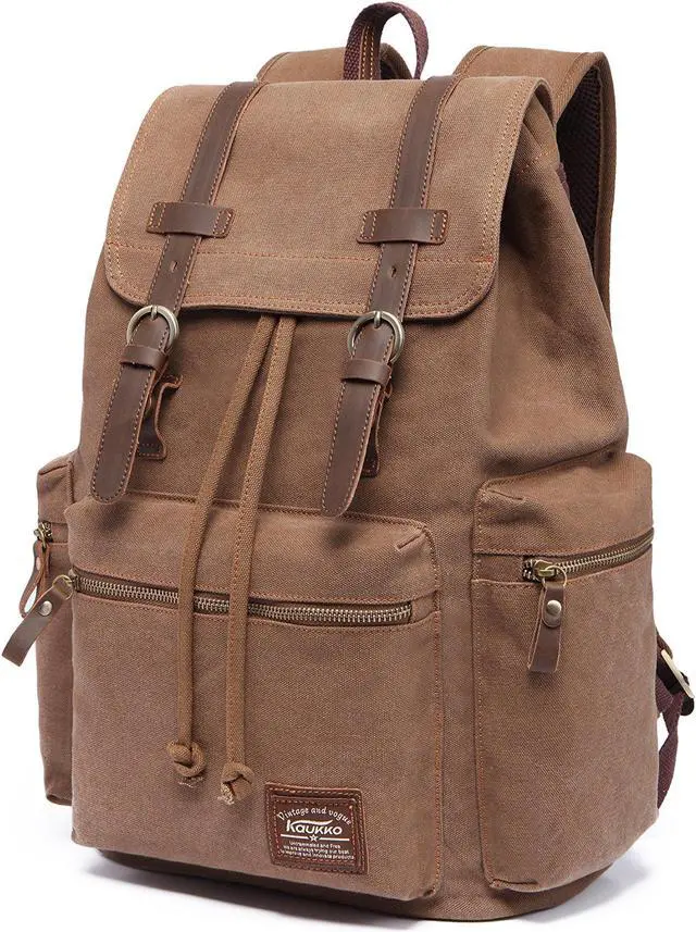 Alt view image 3 of 5 - KAUKKO Vintage Casual Canvas and Leather Rucksack Backpack 19L,KHAKI