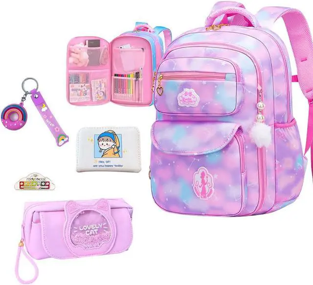 Main image of 5Pcs Backpacks for Girls Purple Kids School Bag for Girls Laptop Bag Shoulders Bookbag for Students Teen Kids Daypacks Casual Travel Bag (Purple)