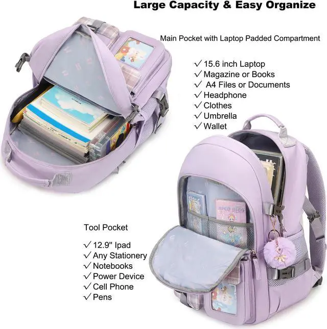 Alt view image 4 of 5 - KIDNUO Backpack for Girls, 15.6 Inch Laptop School Bag Kids Kindergarten Elementary College Backpacks Large Bookbags for Teen Girl Women Students Casual Travel Daypacks (Purple)