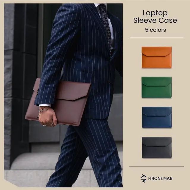 Alt view image 2 of 5 - Kronemar 16 inch Premium Full-Grain Leather Laptop Sleeve Case - Compatible with MacBook Pro M1/M2/M3/M4 (2019-24) & Air 15-inch (2023-24) - Loose Fit, Razer Blade 15, Microsoft Surface 3 - Brown