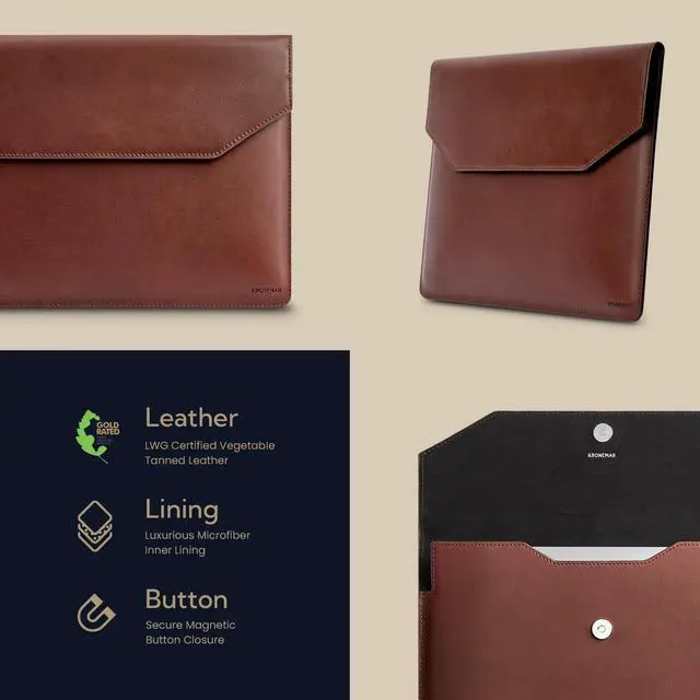 Alt view image 3 of 5 - Kronemar 16 inch Premium Full-Grain Leather Laptop Sleeve Case - Compatible with MacBook Pro M1/M2/M3/M4 (2019-24) & Air 15-inch (2023-24) - Loose Fit, Razer Blade 15, Microsoft Surface 3 - Brown