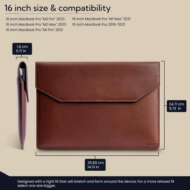 Alt view image 4 of 5 - Kronemar 16 inch Premium Full-Grain Leather Laptop Sleeve Case - Compatible with MacBook Pro M1/M2/M3/M4 (2019-24) & Air 15-inch (2023-24) - Loose Fit, Razer Blade 15, Microsoft Surface 3 - Brown
