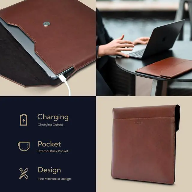 Alt view image 5 of 5 - Kronemar 16 inch Premium Full-Grain Leather Laptop Sleeve Case - Compatible with MacBook Pro M1/M2/M3/M4 (2019-24) & Air 15-inch (2023-24) - Loose Fit, Razer Blade 15, Microsoft Surface 3 - Brown