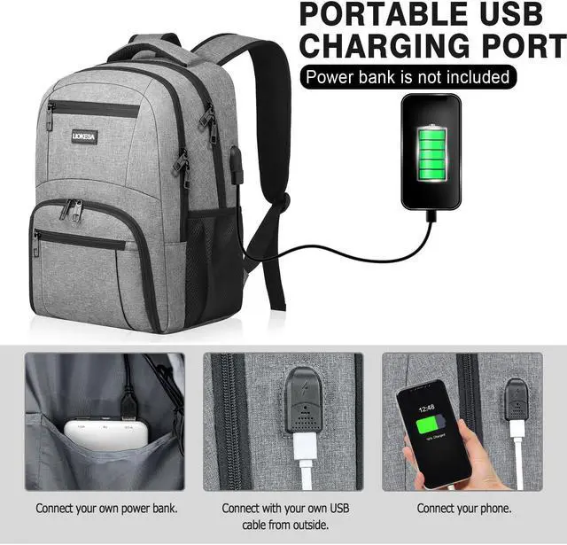 Alt view image 3 of 5 - Liokesa Travel Backpack, Large Laptop Backpack with USB Charging Port, Anti Theft Slim School Backpack for Men, Business Water Resistant College Bookbag Fits 17.3 Inch Computer Backpack, Grey