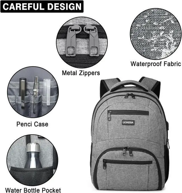 Alt view image 5 of 5 - Liokesa Travel Backpack, Large Laptop Backpack with USB Charging Port, Anti Theft Slim School Backpack for Men, Business Water Resistant College Bookbag Fits 17.3 Inch Computer Backpack, Grey