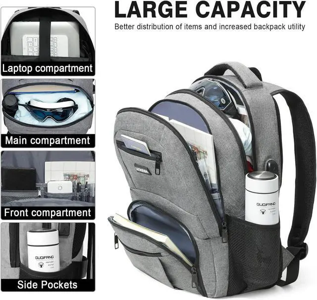 Alt view image 2 of 5 - Liokesa Travel Backpack, Large Laptop Backpack with USB Charging Port, Anti Theft Slim School Backpack for Men, Business Water Resistant College Bookbag Fits 17.3 Inch Computer Backpack, Grey