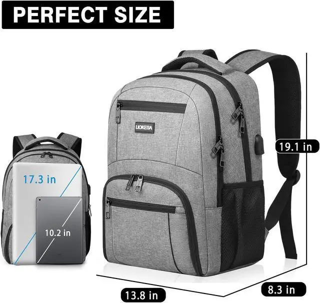 Alt view image 4 of 5 - Liokesa Travel Backpack, Large Laptop Backpack with USB Charging Port, Anti Theft Slim School Backpack for Men, Business Water Resistant College Bookbag Fits 17.3 Inch Computer Backpack, Grey