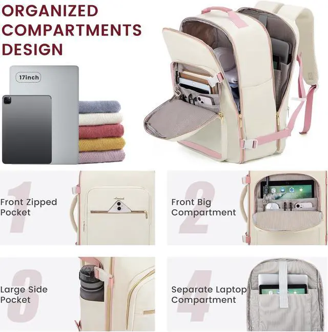 Alt view image 2 of 5 - LOVEVOOK 40L Large Travel Backpack for Women Men, 17 Inch Carry on Backpack for Traveling on Airplane, Personal Item Travel Bag Airline Approved, Business Causal Weekender Backpack, Beige-Pink