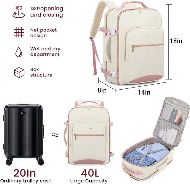 Alt view image 3 of 5 - LOVEVOOK 40L Large Travel Backpack for Women Men, 17 Inch Carry on Backpack for Traveling on Airplane, Personal Item Travel Bag Airline Approved, Business Causal Weekender Backpack, Beige-Pink