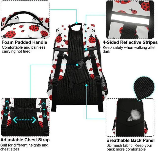 Alt view image 4 of 5 - MNSRUU School Backpack with Chest Strap, Cute Red Ladybug Laptop Backpack, Travel Hiking Backpack for Boys Girls, Rucksack, Knapsack One Size