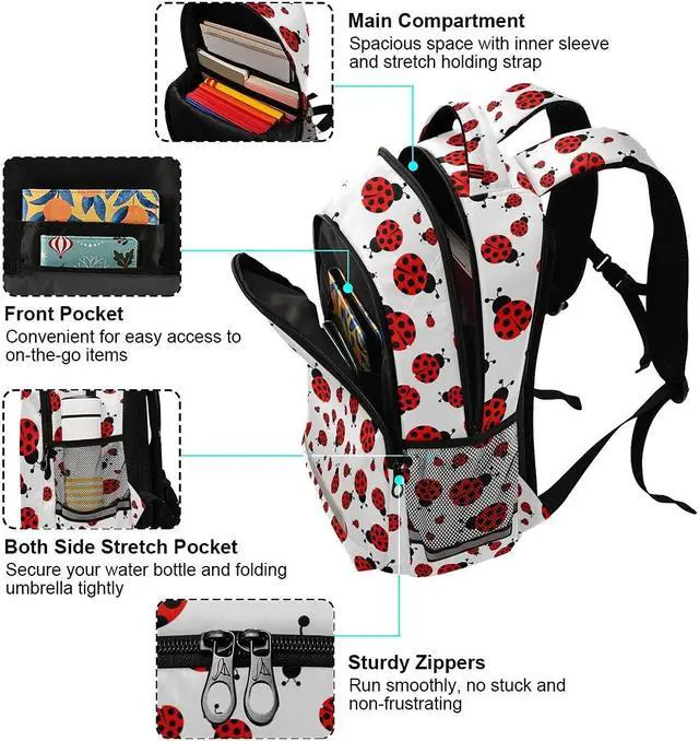 Alt view image 5 of 5 - MNSRUU School Backpack with Chest Strap, Cute Red Ladybug Laptop Backpack, Travel Hiking Backpack for Boys Girls, Rucksack, Knapsack One Size