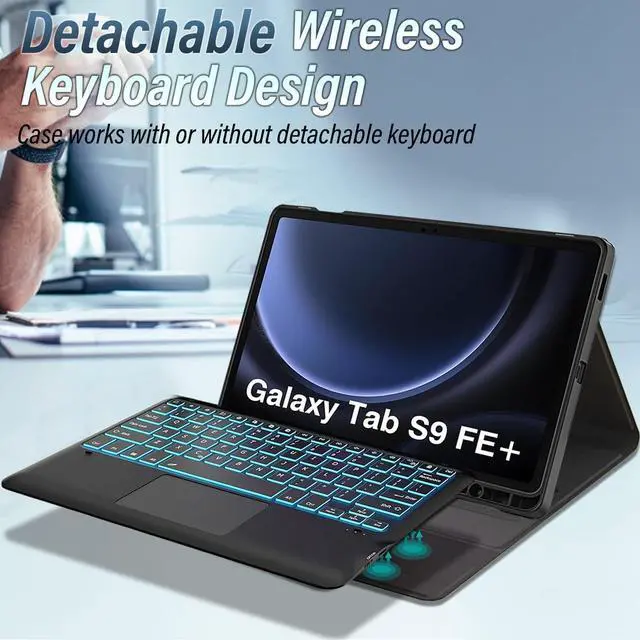 Alt view image 3 of 5 - Nanhent Keyboard Case for Samsung Galaxy Tab S9 FE+/S9+ Plus 12.4 Inch 2023, 7 Colors Backlit, Smart Touchpad, Detachable Bluetooth Wireless Trackpad Keyboard & Slim PU Stand Cover with S Pen Holder