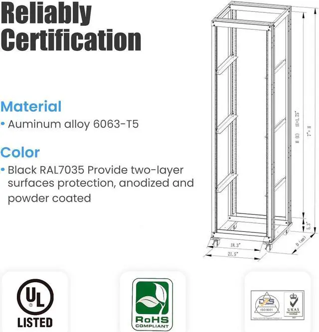 Alt view image 3 of 5 - Raising Electronics Server Rack Open Frame Rack 4 Post 19 inch Adjustable Server/Audio Rack Cold Rolled Steel(15U,31 Depth)