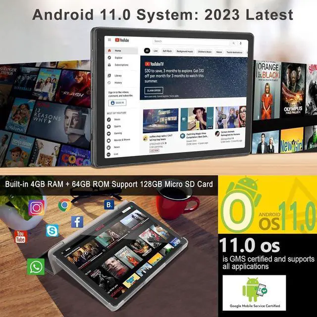 Alt view image 3 of 5 - SEBBE Tablet 10.36 Inch Touch Tablet Android 11 Octa-Core 2.0 GHz, 5G+2.4G WiFi 4GB RAM+64GB ROM (128GB TF), 1332 * 800 HD IPS Display / 8MP+5MP / 8000mAh / Bluetooth 5.0 - Grey