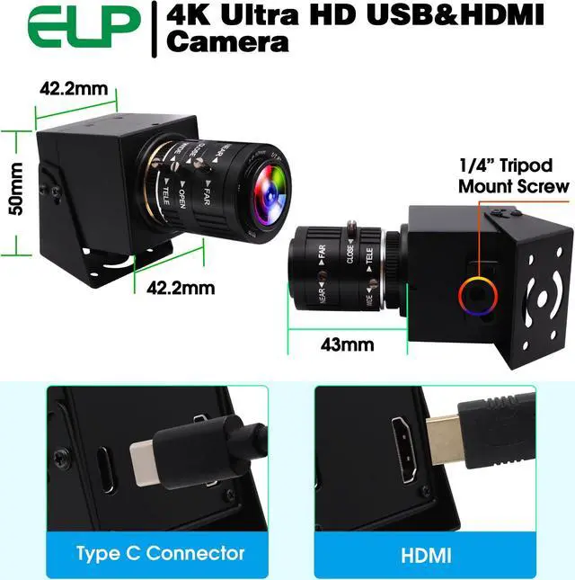 Alt view image 4 of 5 - ELP 4K USB HDMI Camera Manual Zoom Webcam Variable Focus PC Camera Mini Close-up Camera for Computer H.264 Telescope USB Security Camera 8mp IMX415 Industrial CCTV Camera (3.6-10mm 3X Zoom Lens)