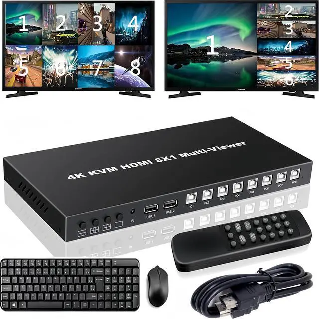 Main image of HDMI Multiviewer 8X1 with KVM PIP Multiviewer 8-in-1-out 4K Quad Multiviewer Seamless Switcher with KVM 7 Display Modes IR Remote RS232 Mouse Keyboard Control Supported Supports 4K@60Hz,HDR,HDCP2.2 et