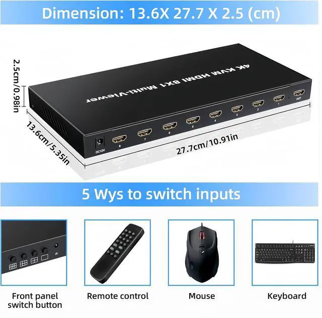 Alt view image 5 of 5 - HDMI Multiviewer 8X1 with KVM PIP Multiviewer 8-in-1-out 4K Quad Multiviewer Seamless Switcher with KVM 7 Display Modes IR Remote RS232 Mouse Keyboard Control Supported Supports 4K@60Hz,HDR,HDCP2.2 et