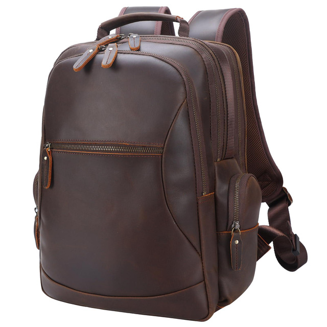 Masa Kawa Brown Leather Laptop Backpack For Men Fits 16" 15.6