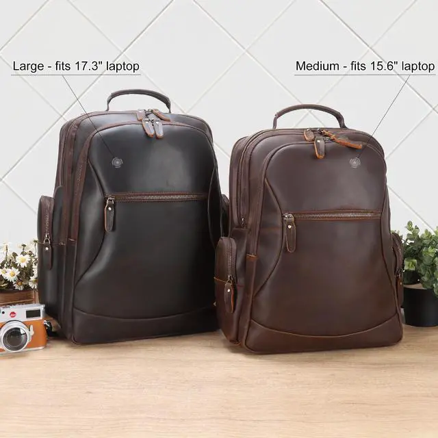 Alt view image 2 of 5 - TIDING Vintage Full Grain Leather 15.6 Inch Laptop Backpack for Men Large Capacity Travel Rucksack Weekender Camping Daypacks