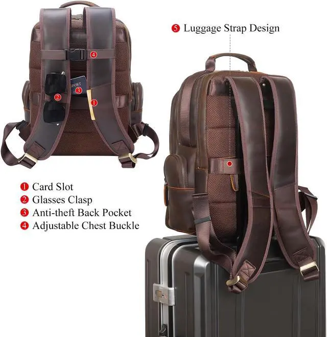 Alt view image 3 of 5 - TIDING Vintage Full Grain Leather 15.6 Inch Laptop Backpack for Men Large Capacity Travel Rucksack Weekender Camping Daypacks