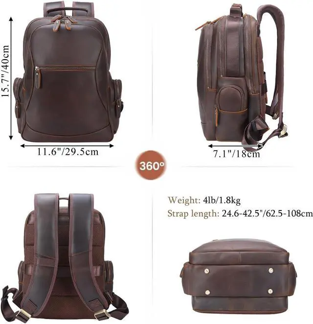 Alt view image 5 of 5 - TIDING Vintage Full Grain Leather 15.6 Inch Laptop Backpack for Men Large Capacity Travel Rucksack Weekender Camping Daypacks