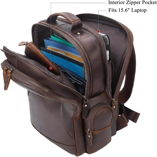 Alt view image 4 of 5 - TIDING Vintage Full Grain Leather 15.6 Inch Laptop Backpack for Men Large Capacity Travel Rucksack Weekender Camping Daypacks