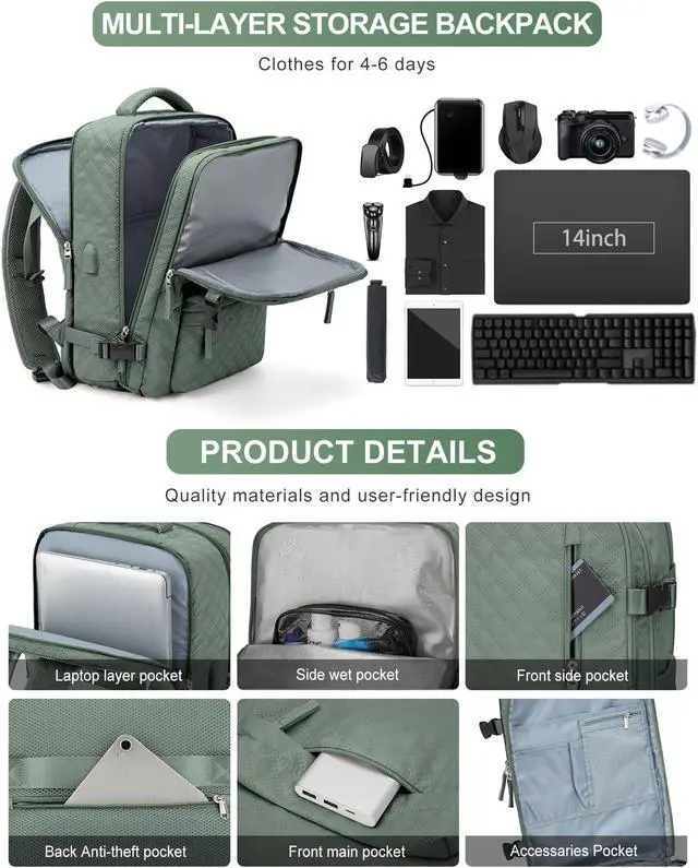 Alt view image 4 of 5 - VGCUB Large Travel Backpack for Women Men, Carry on Backpack Airline Approved Gym Backpack Waterproof Business Laptop Daypack,Army Green