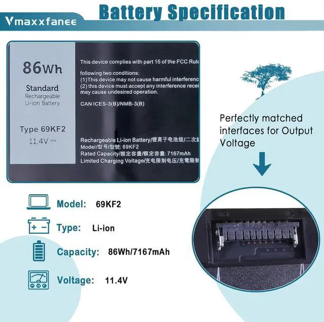 Alt view image 2 of 5 - Vmaxxfanee 69KF2 86Wh Laptop Battery Replacement for Dell Precision 5560 5550 XPS 15 9500 9510 Alienware M17(R3 R4) M15 (R3 R4 R5 R6 R7) Vostro 7510 7610 Series 7167mAh