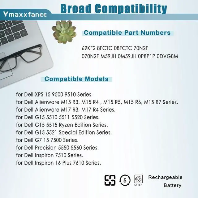 Alt view image 5 of 5 - Vmaxxfanee 69KF2 86Wh Laptop Battery Replacement for Dell Precision 5560 5550 XPS 15 9500 9510 Alienware M17(R3 R4) M15 (R3 R4 R5 R6 R7) Vostro 7510 7610 Series 7167mAh