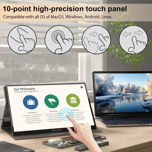 Alt view image 2 of 5 - Visual Beat Portable Touch Screen Monitor 17.3'' 1080P IPS USB-C Extended Display with Smart Cover, USB2.0, HDMI, Dual Speakers, VESA - for Laptop, PC, Mac, Phone, PS3/4/5, Xbox, Switch.
